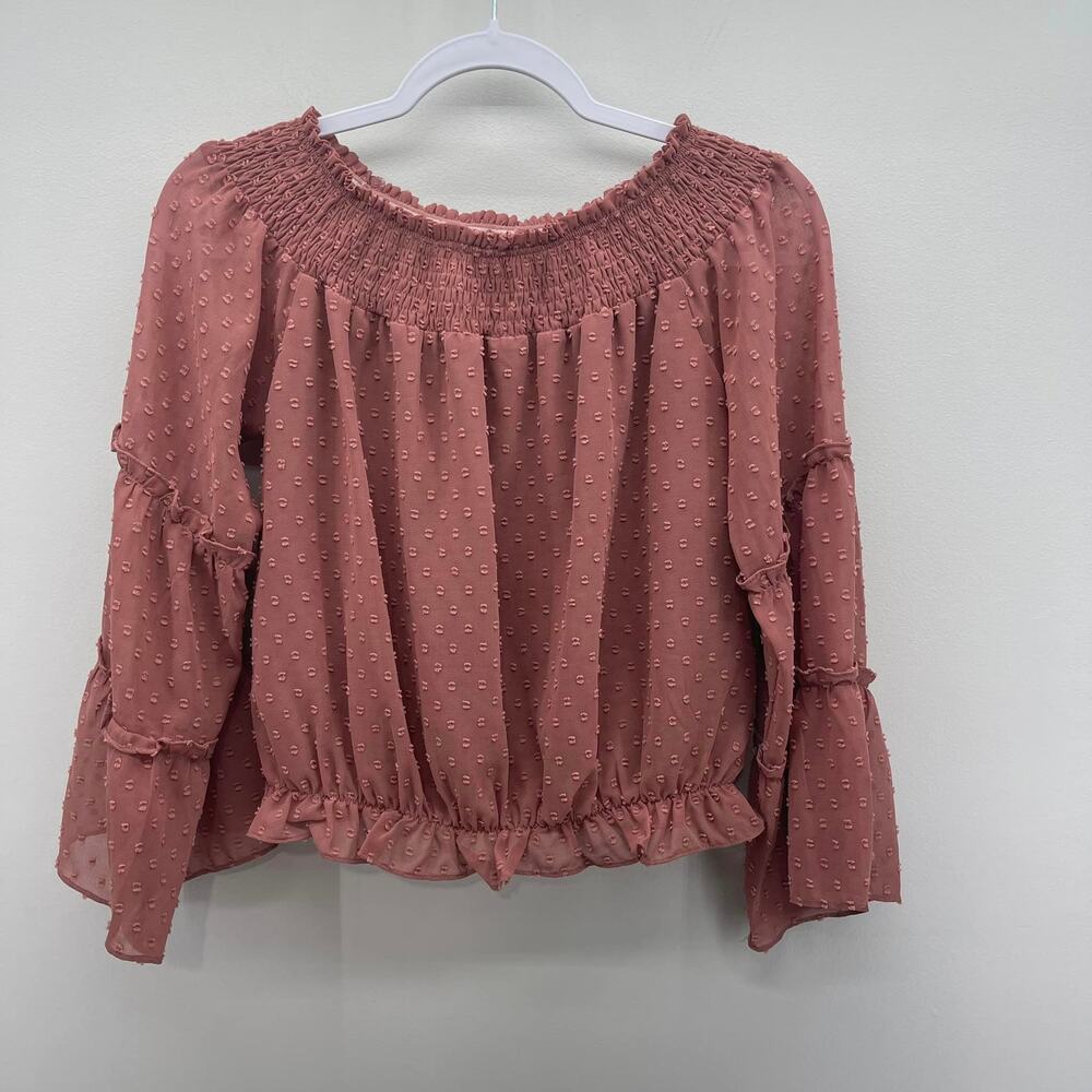 La Miel Rose Brown Swiss Dotā Bell Sleeve Blouse